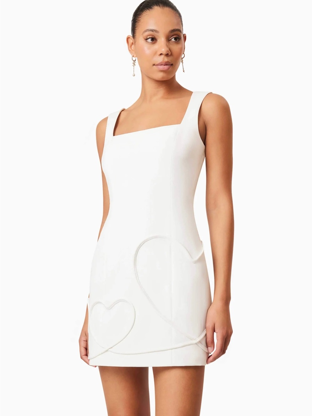 Elliat Square-Neck White Mini Dress with Heart Appliqué